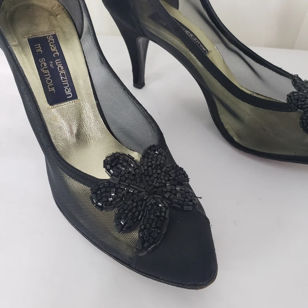 Vintage Stuart Weitzman for Mr. Seymour black satin mesh beaded pumps 8.5